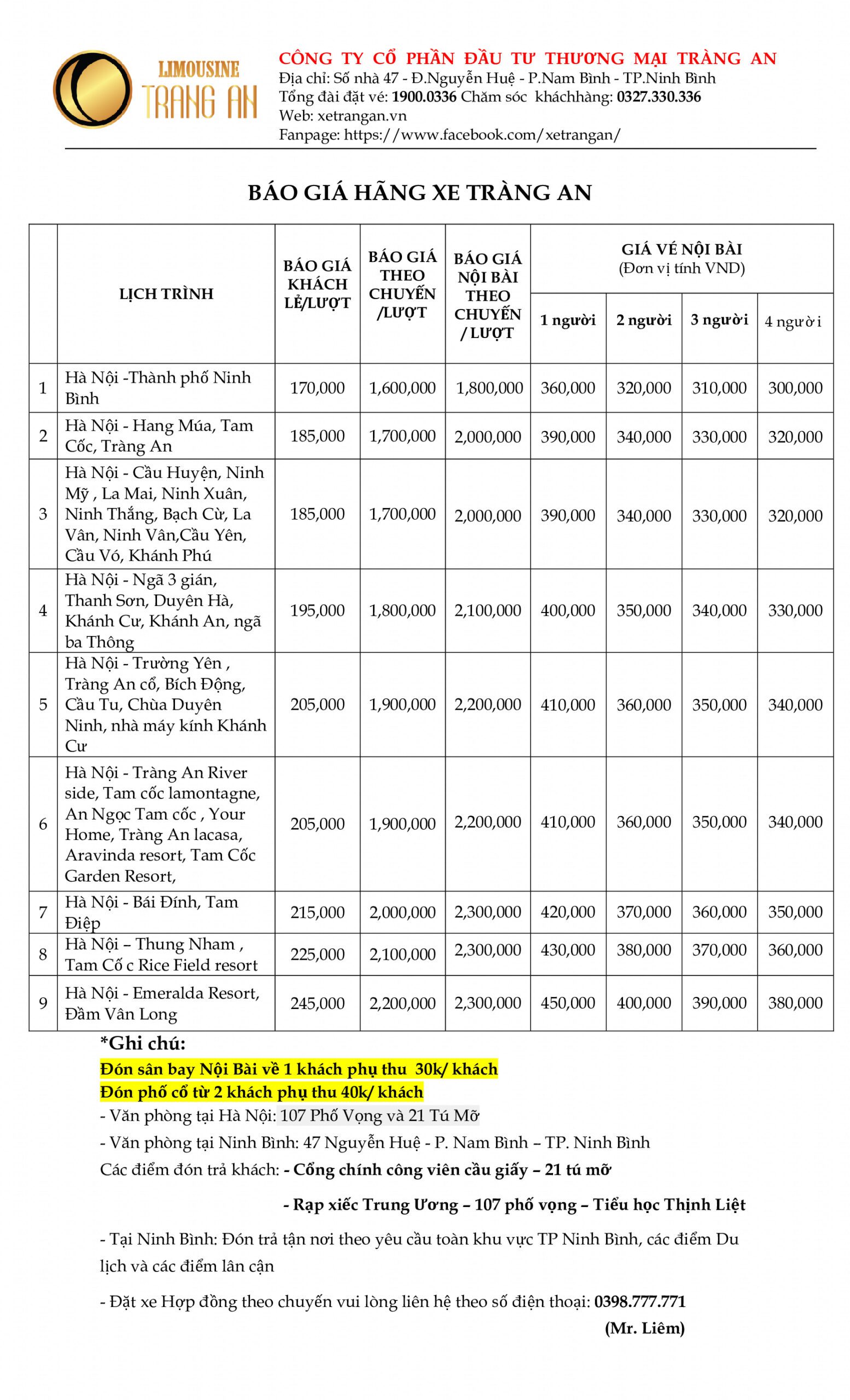 Bảng giá thuê xe tại Tràng An Limousine